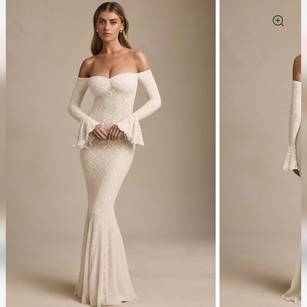 Oh Polly Ivory Off-Shoulder Lace Mermaid Gown